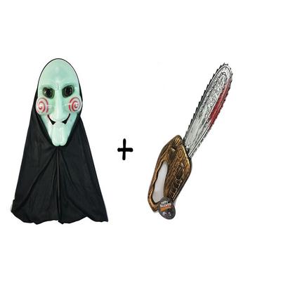 Yeşil Neon Renk Pelerinli Testere Saw Maskesi ve Testerenin Kılıcı 