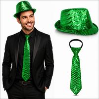 Yeşil Payetli Şapka ve Kravat Seti – Işıltılı Parti Kombini