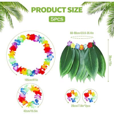 Yetişkin Hawaii Kostüm Seti - Yaprak Etek & Hawaii Set - 5 Parça