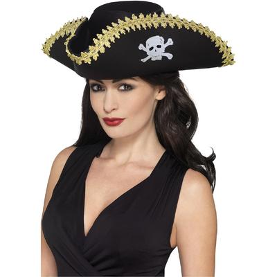 Yetişkin Siyah Denizci Korsan Şapkası Kenarları Altın İşlemeli 