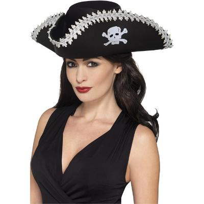 Yetişkin Siyah Denizci Korsan Şapkası Kenarları Gümüş İşlemeli 